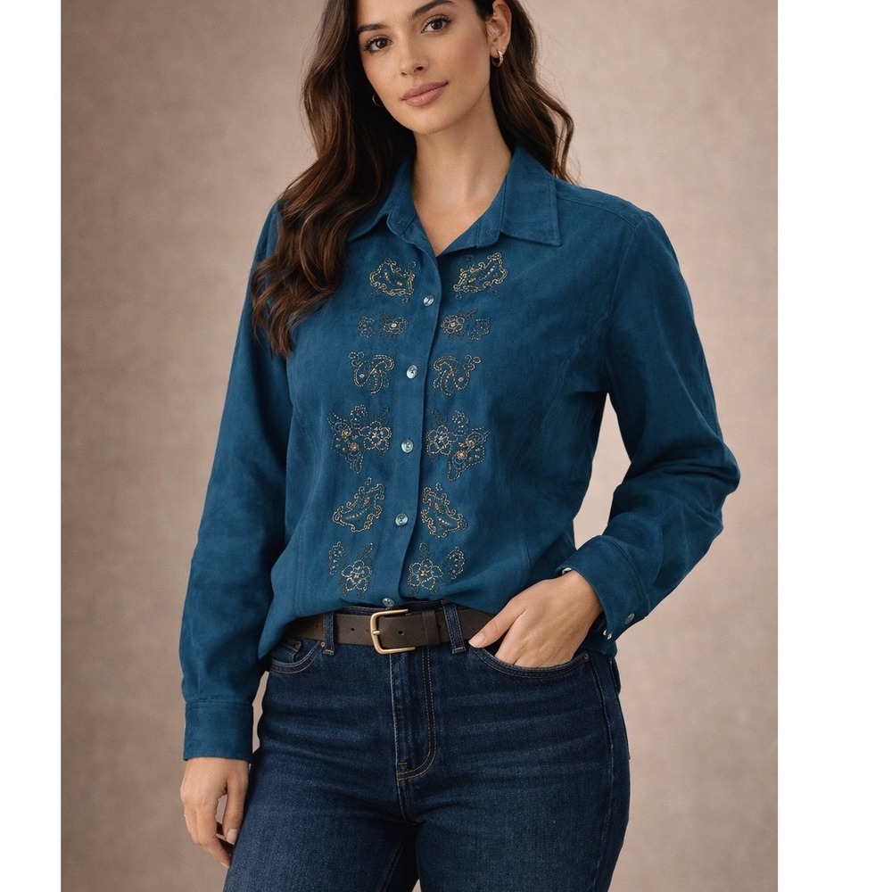 Pappagallo Faux Suede Embroidered Blouse Womens M Teal Blue Beaded Boho‎ Western